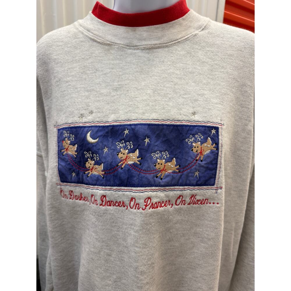 🎄 Pleasant Shade XL Gray 90s Vintage Christmas Reindeer Sweatshirt Red Trim - Picture 2 of 4
